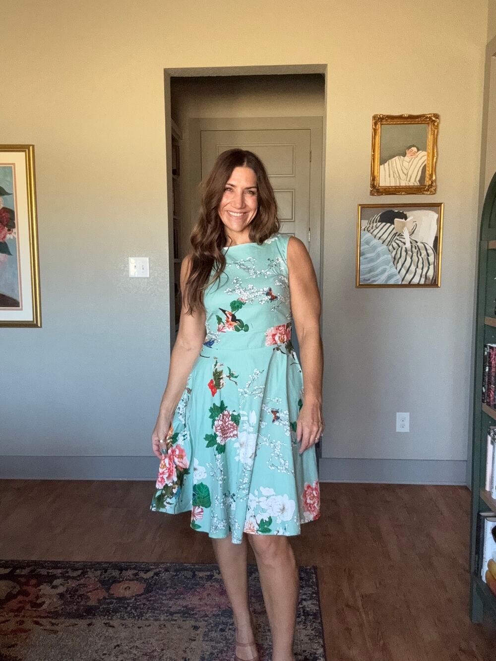 Mint Floral Bird 100% Cotton Fit & Flare Dress M
